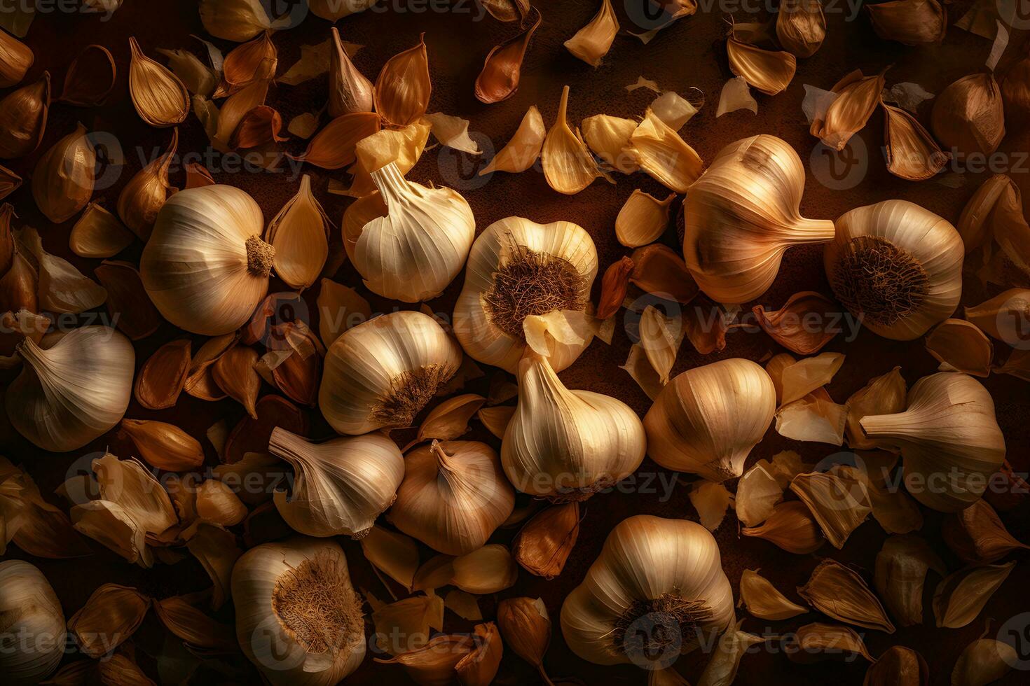 Lots of garlic abstract background. Neural network AI generated photo