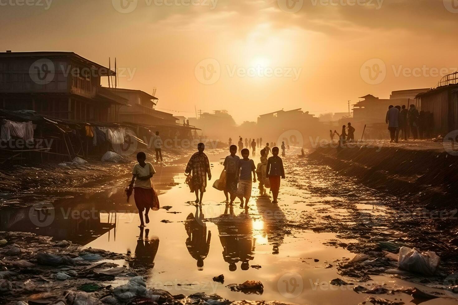 Dirt road on the street in Africa, children are walking. Neural network AI generated photo