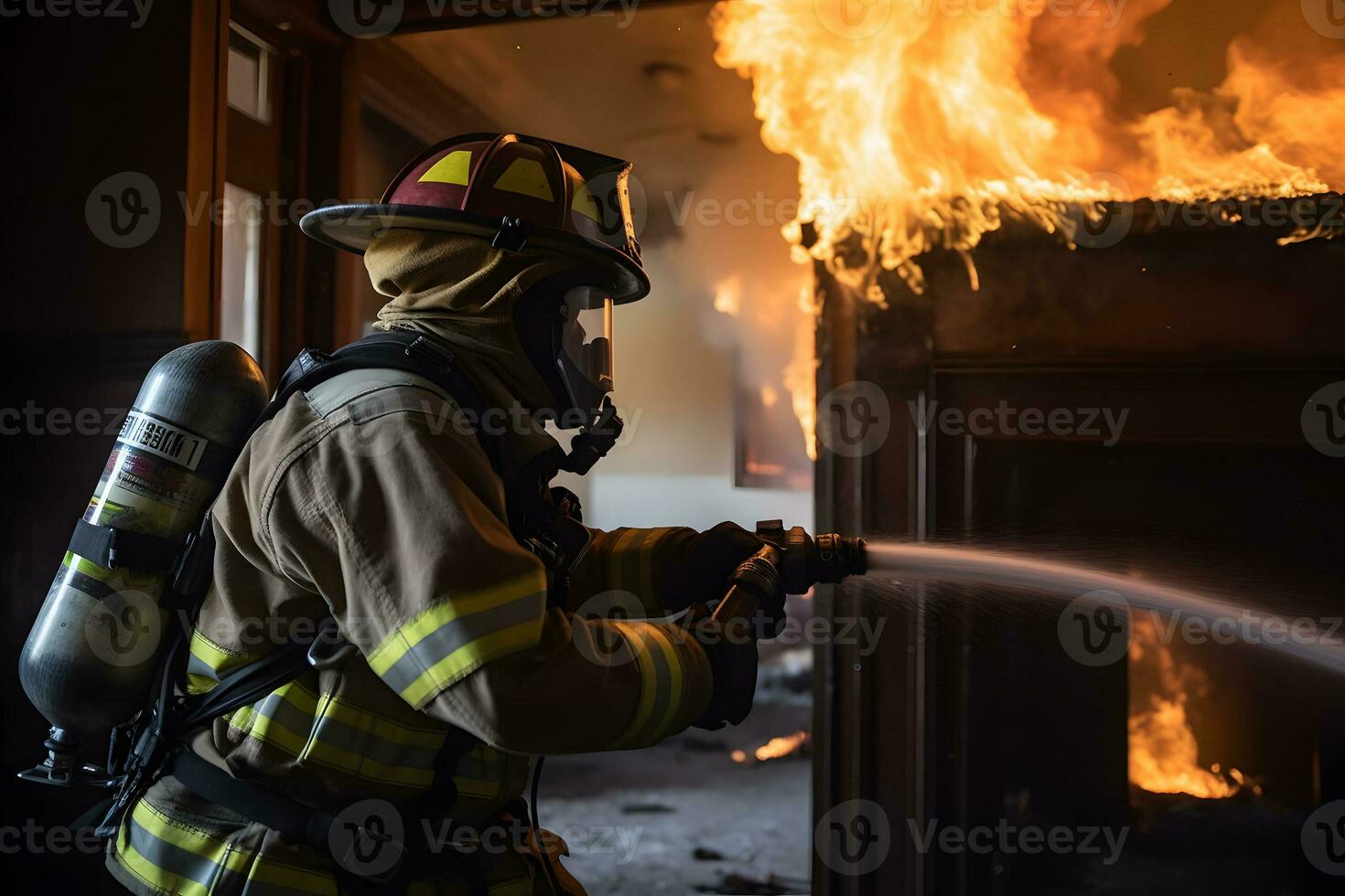 firefighters spraying water in fire fighting operation, Fire and rescue training school regularly. Neural network AI generated photo