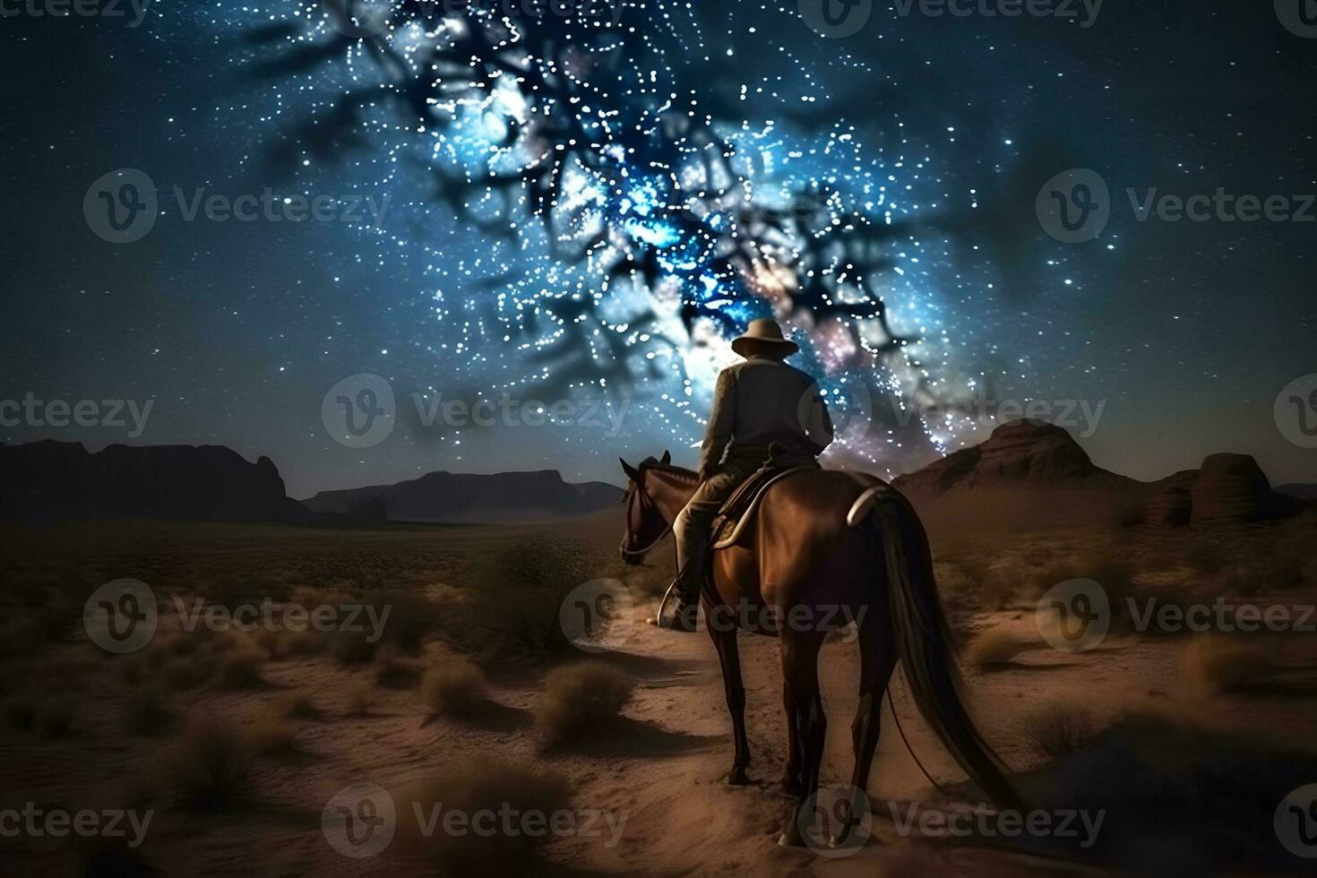 Landscape with Milky Way. Cowboy with his horse. Neural network AI generated photo