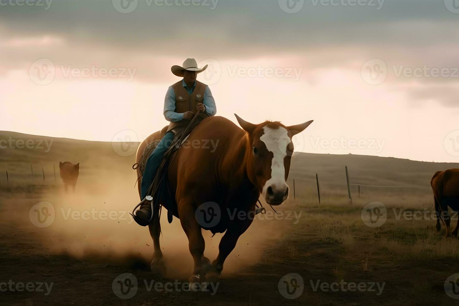 Cowboy on horse lassoing bull, Neural network AI generated photo