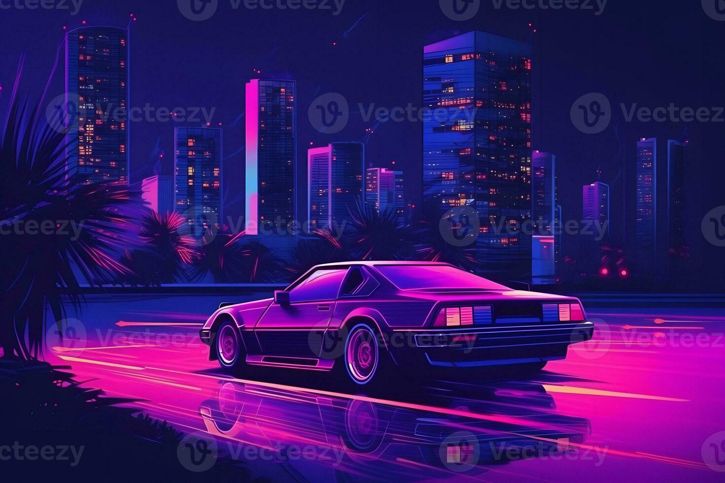 Futuristic retro wave synth wave car. Retrowave style. Neural network AI generated photo