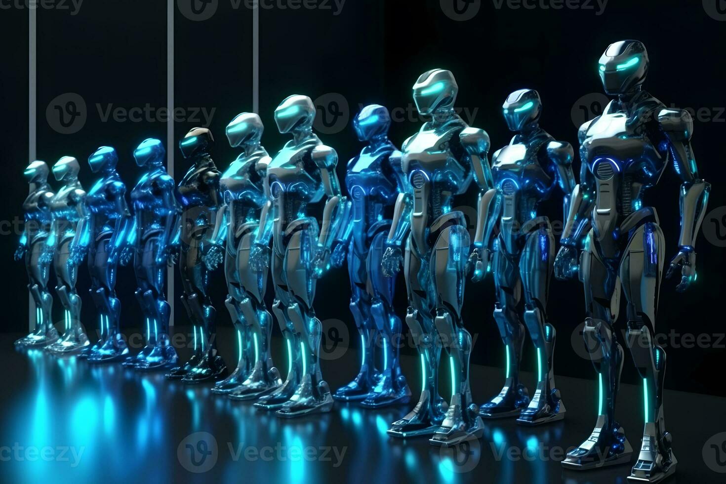 Robots stand in line. Neural network AI generated photo