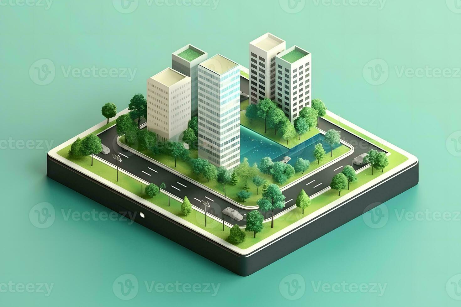 Isometric landscape design symbol. Modern city model. Neural network AI generated photo