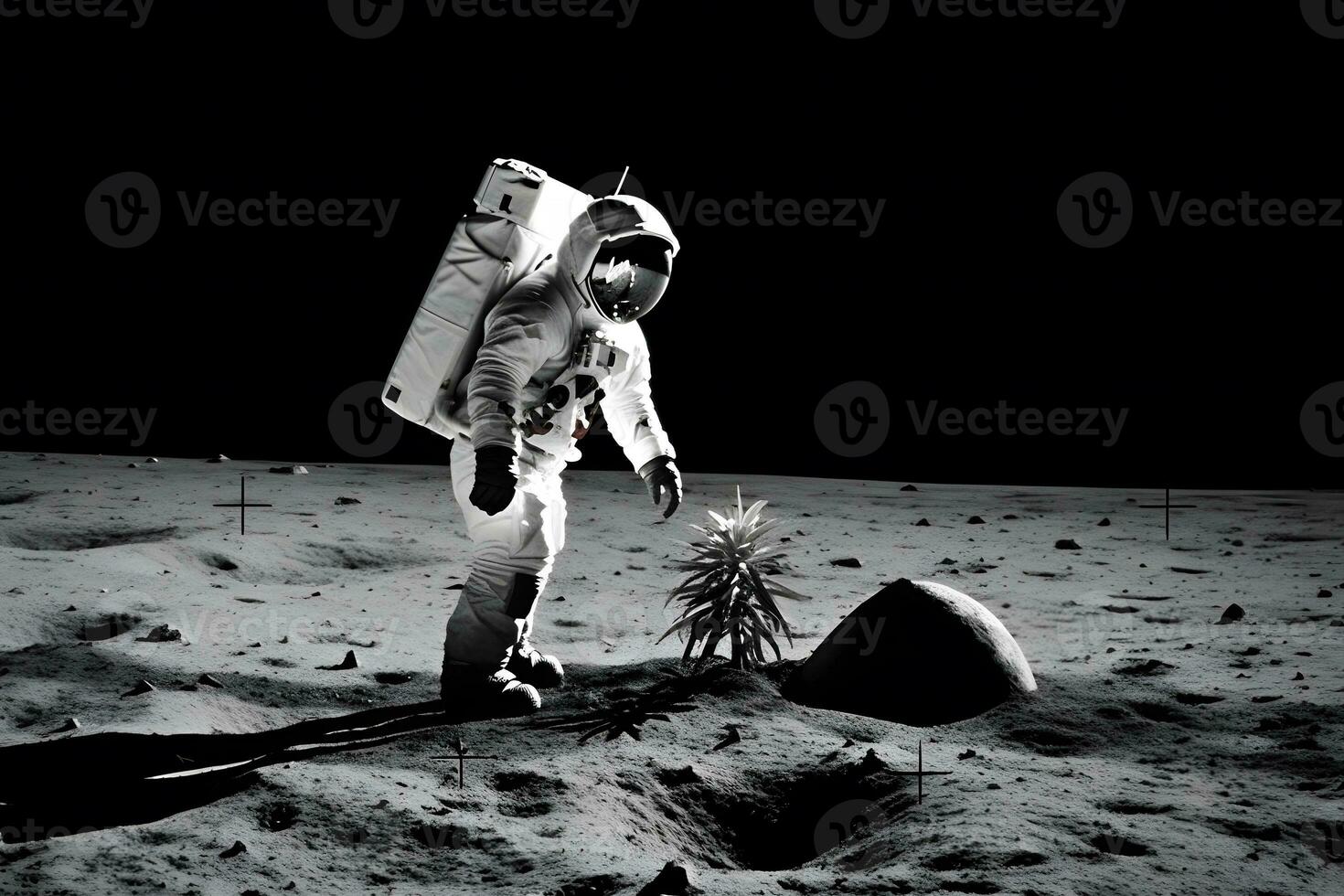 Astronaut planting a tree on the moon or mars. Neural network AI generated photo