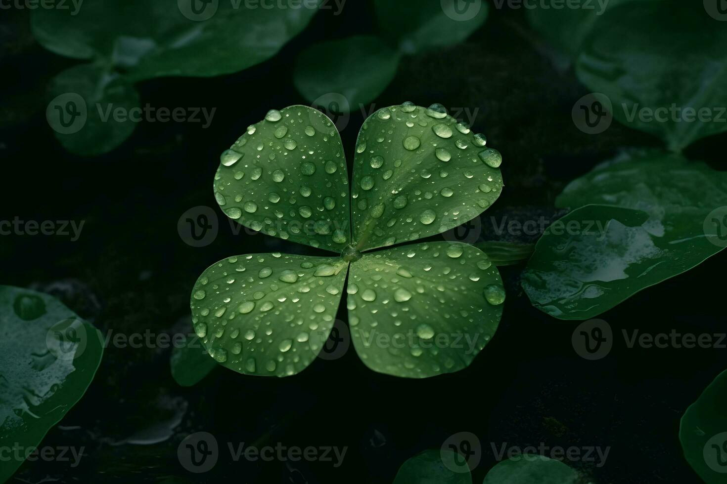 Four-leaf clover with drops. Neural network AI generated photo