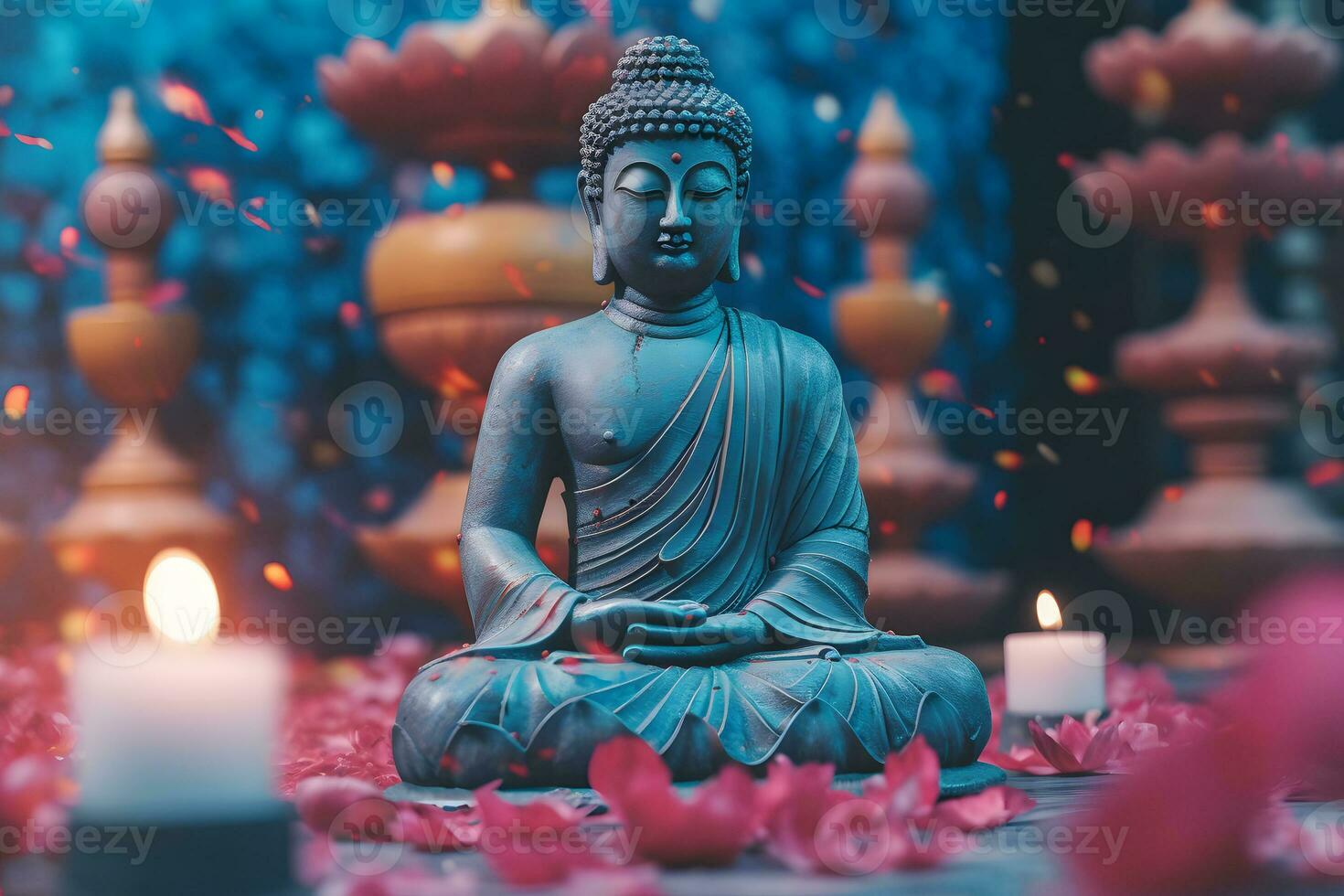 Meditation Buddha statue with candles and lotus. Neural network AI generated photo