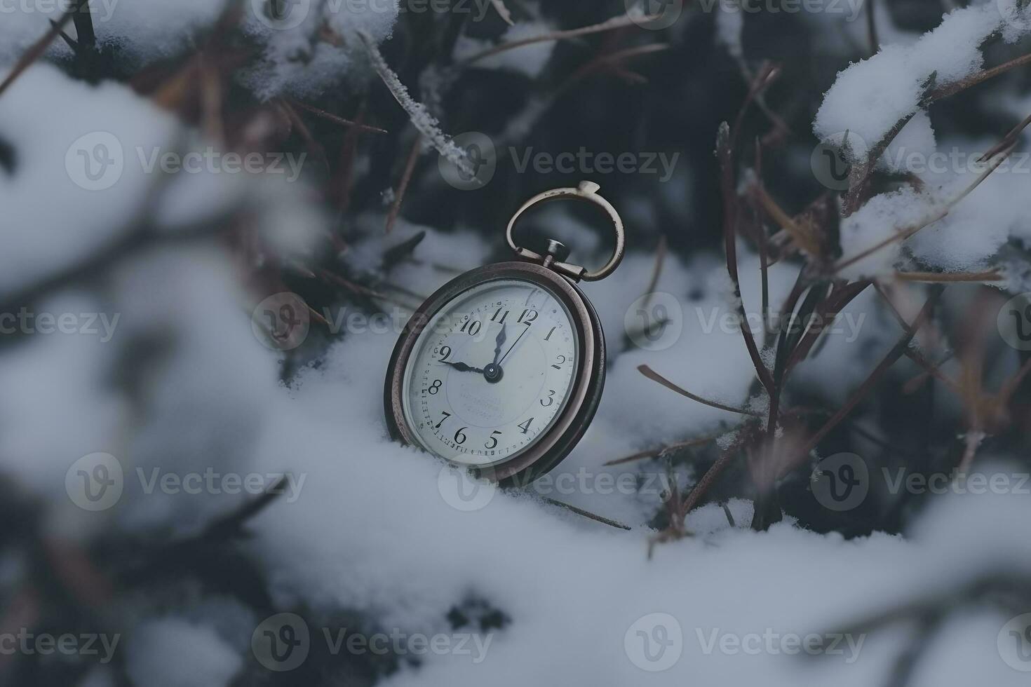 Vintage clock outdoors in winter. Neural network AI generated photo