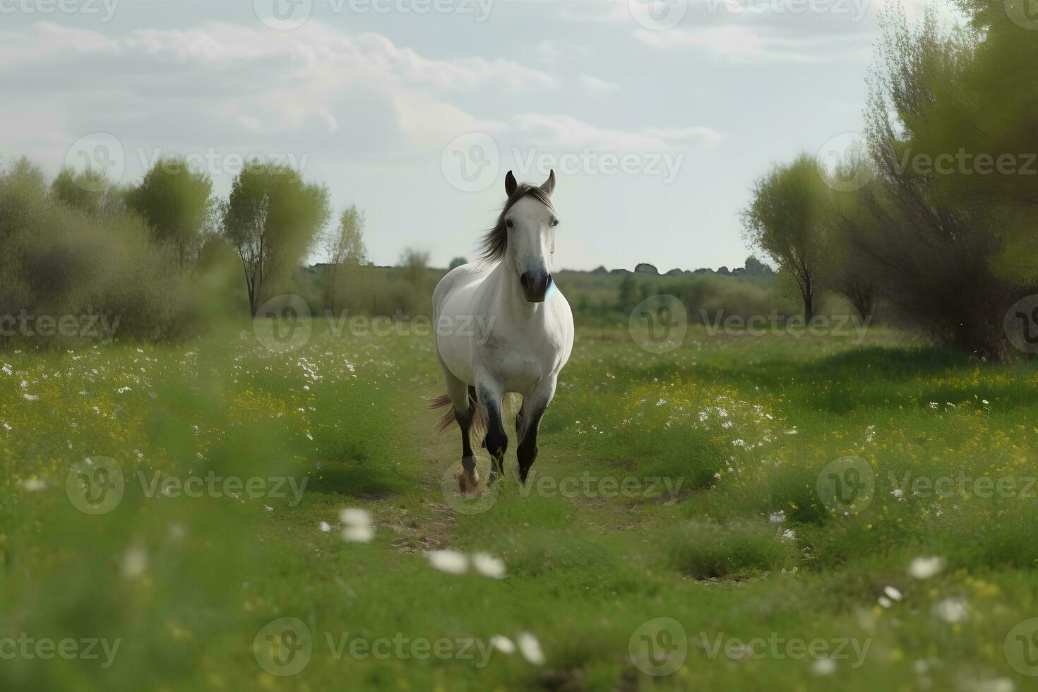 joven marrón caballo Galopando, saltando en el campo en un neutral antecedentes. neural red ai generado foto
