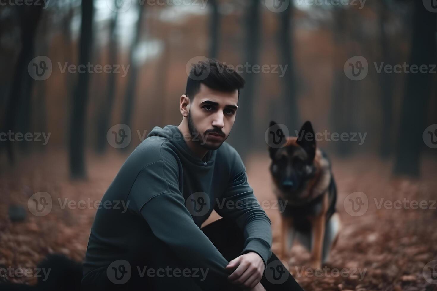 Man walking with his dog friend. Neural network AI generated photo