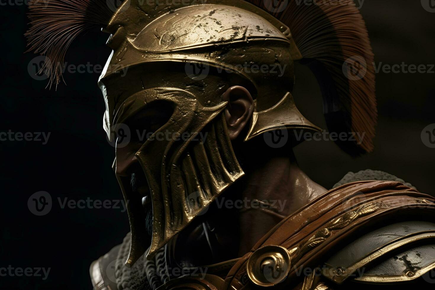 illustration of spartan king Leonid in golden armor and helmet. Neural network AI generated photo