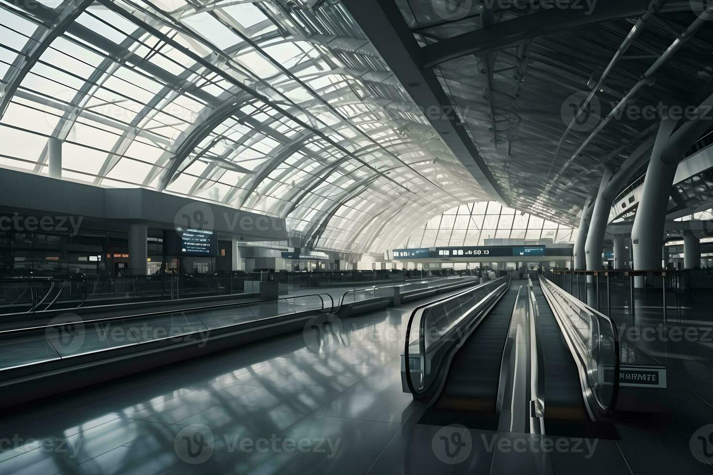 Airport terminal escalator. Neural network AI generated photo