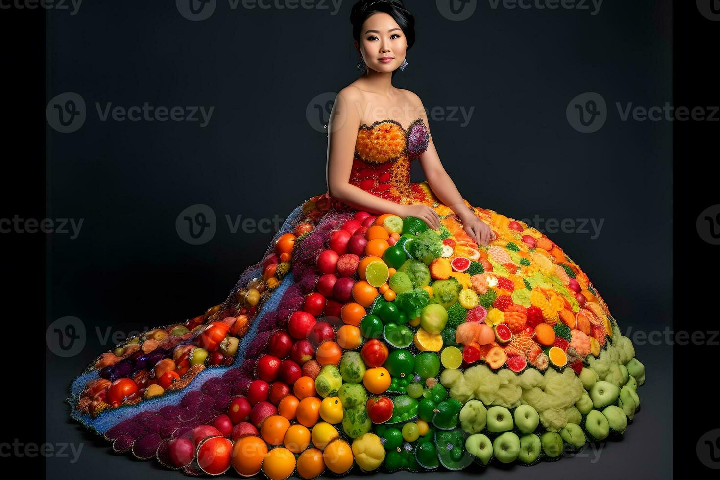 fashionable woman in fruit style dress. Neural network AI generated photo