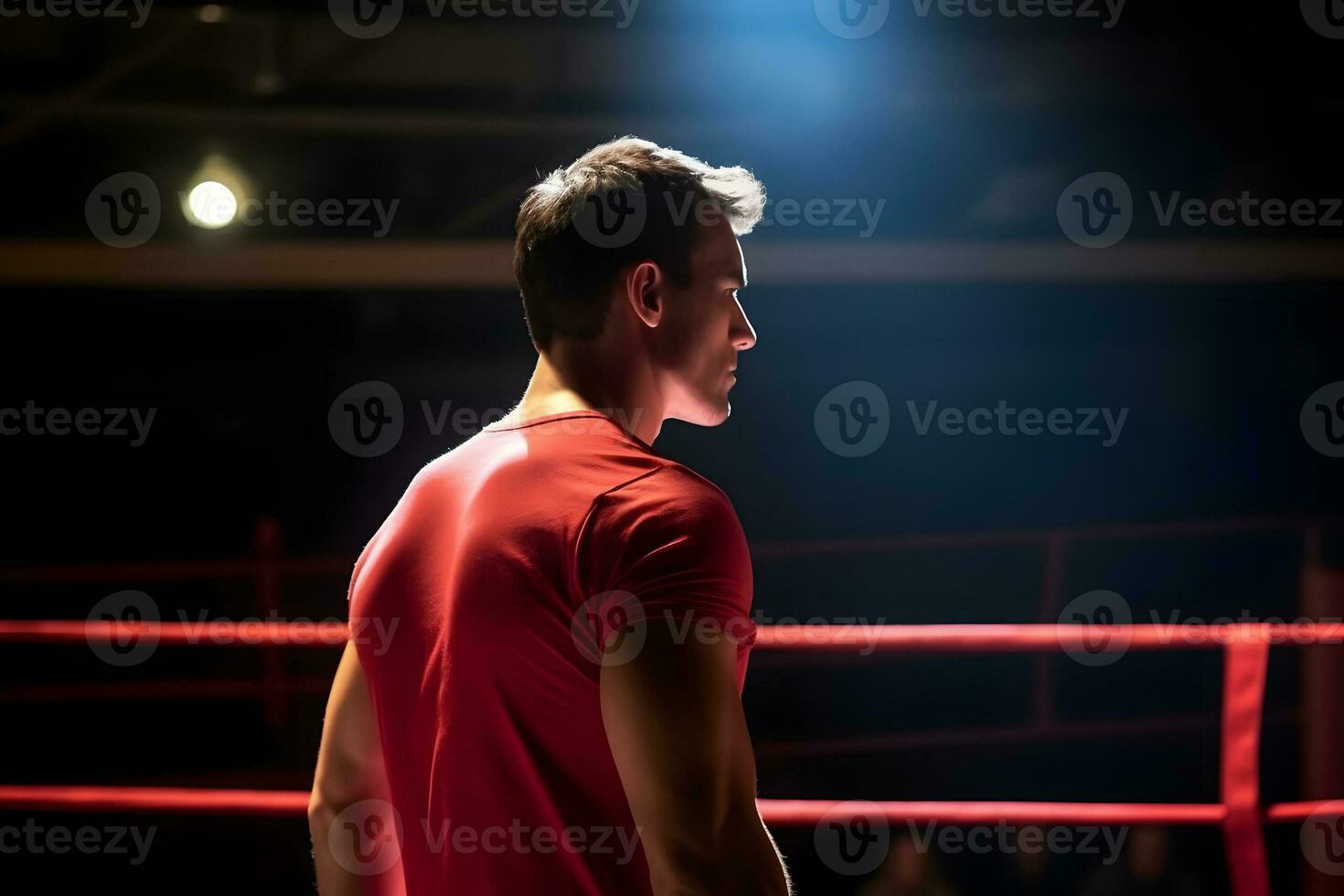 Boxer champion enjoying his victory on lights and standing back to the camera. Neural network AI generated photo