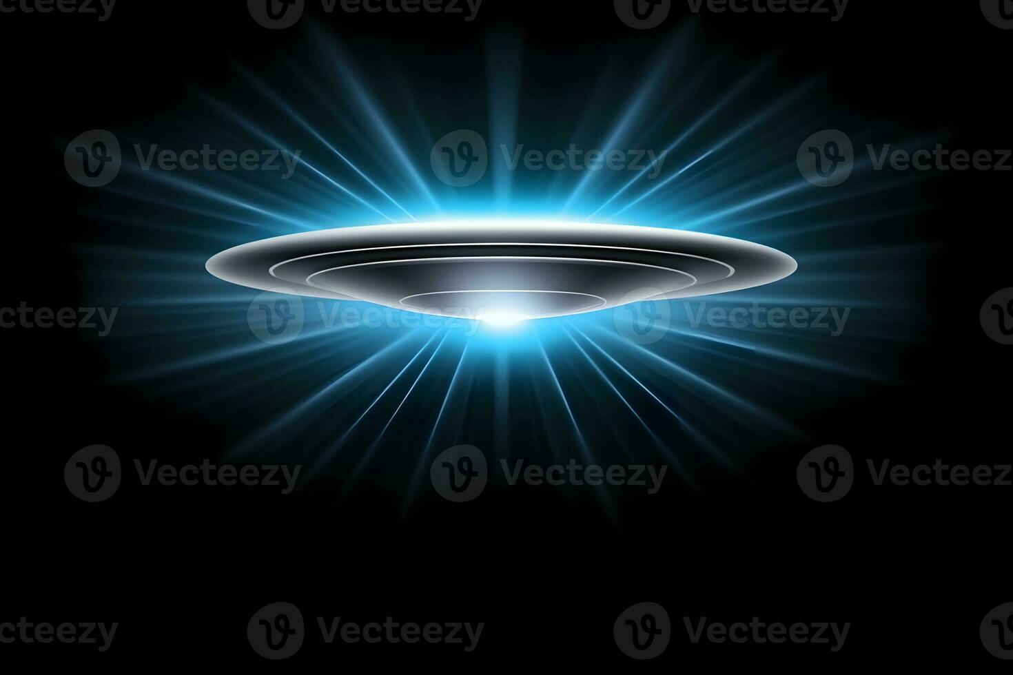 UFO, an alien plate hovering over the field, hovering motionless in the air. Neural network AI generated photo