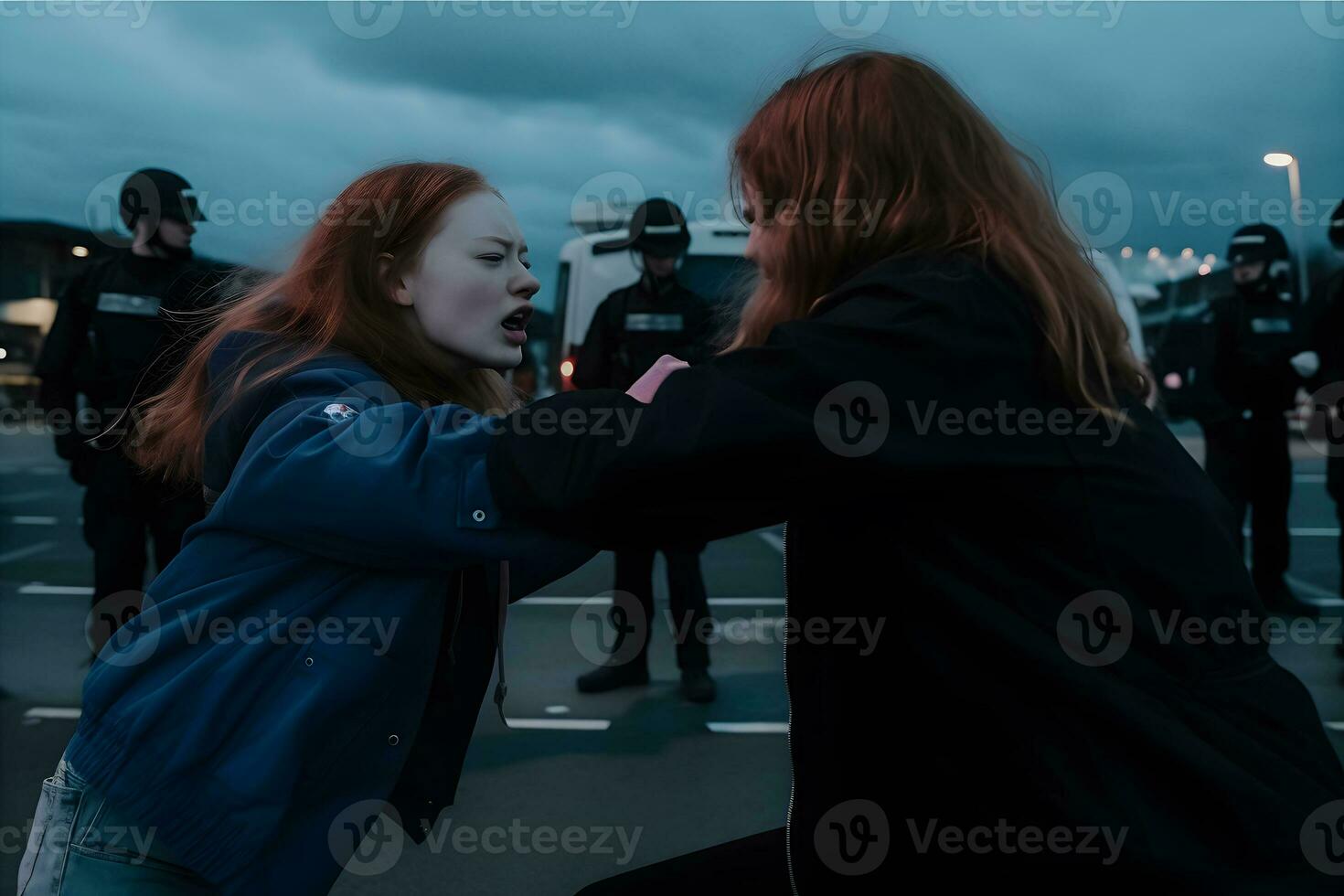 Female activist protesting with megaphone during a strike with group of demonstrator in background. Woman protesting in the city. Neural network AI generated photo