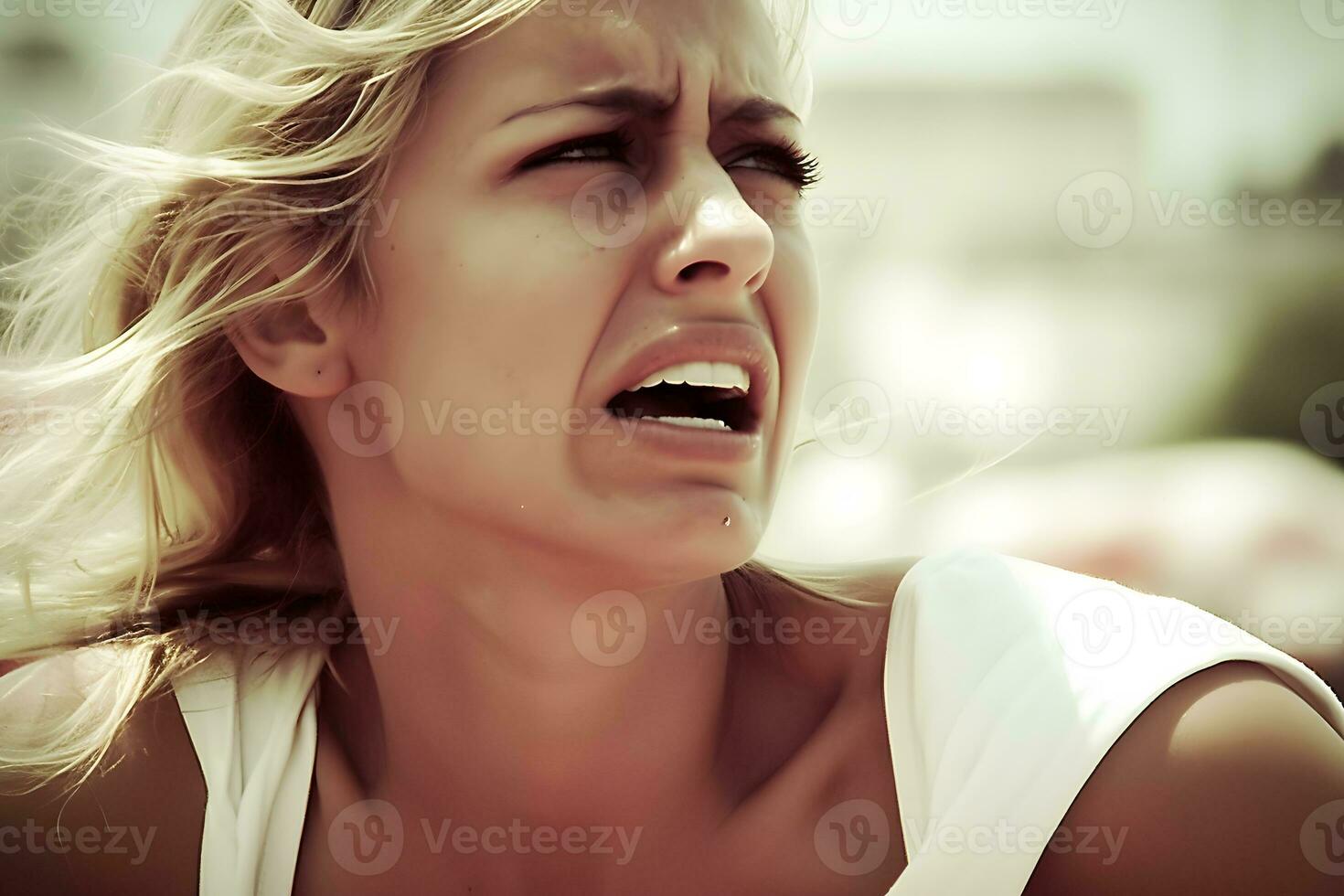 hembra activista protestando con megáfono durante un Huelga con grupo de demostrador en antecedentes. mujer protestando en el ciudad. neural red ai generado foto