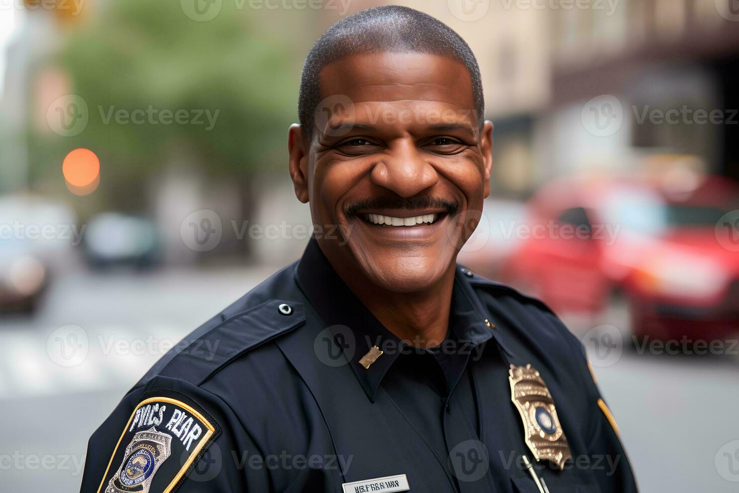 Happy and smiling African American police officer. Neural network AI generated photo