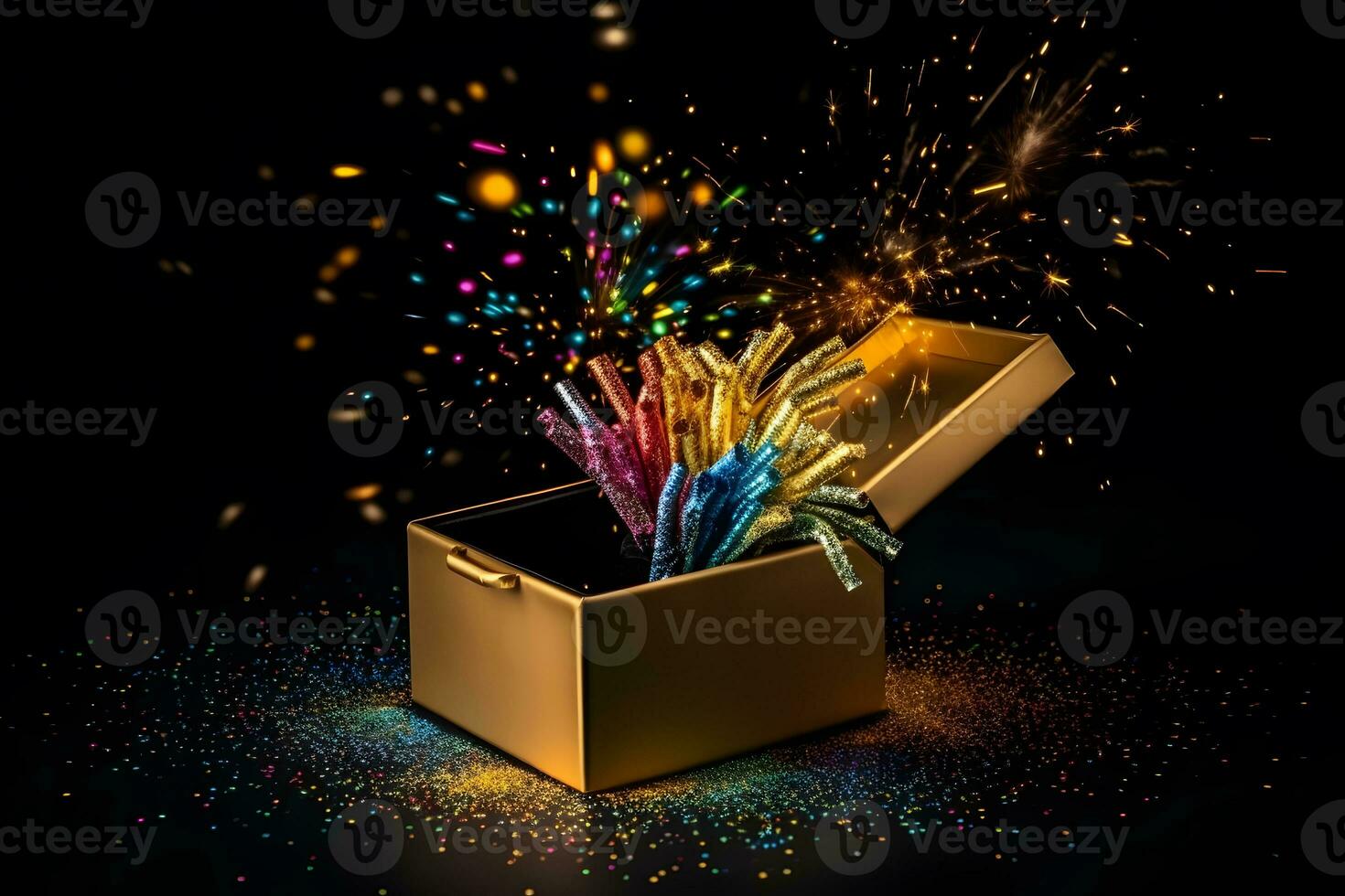 regalo caja en un oscuro magia antecedentes con ligero Bokeh. festivo fondo, magia caja con un regalo. neural red ai generado foto