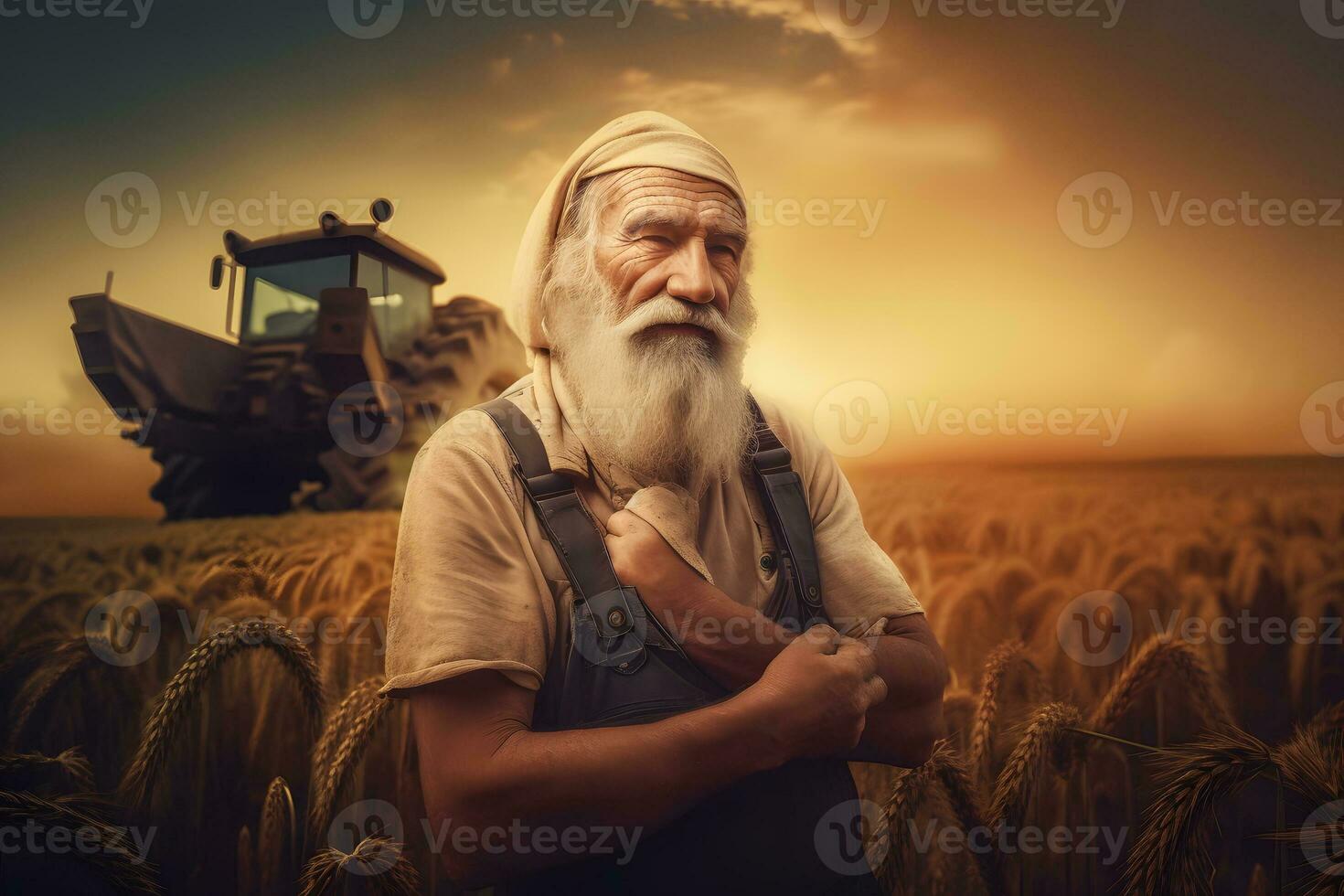 Farmer and agricultural tractor in the field. Neural network AI generated photo