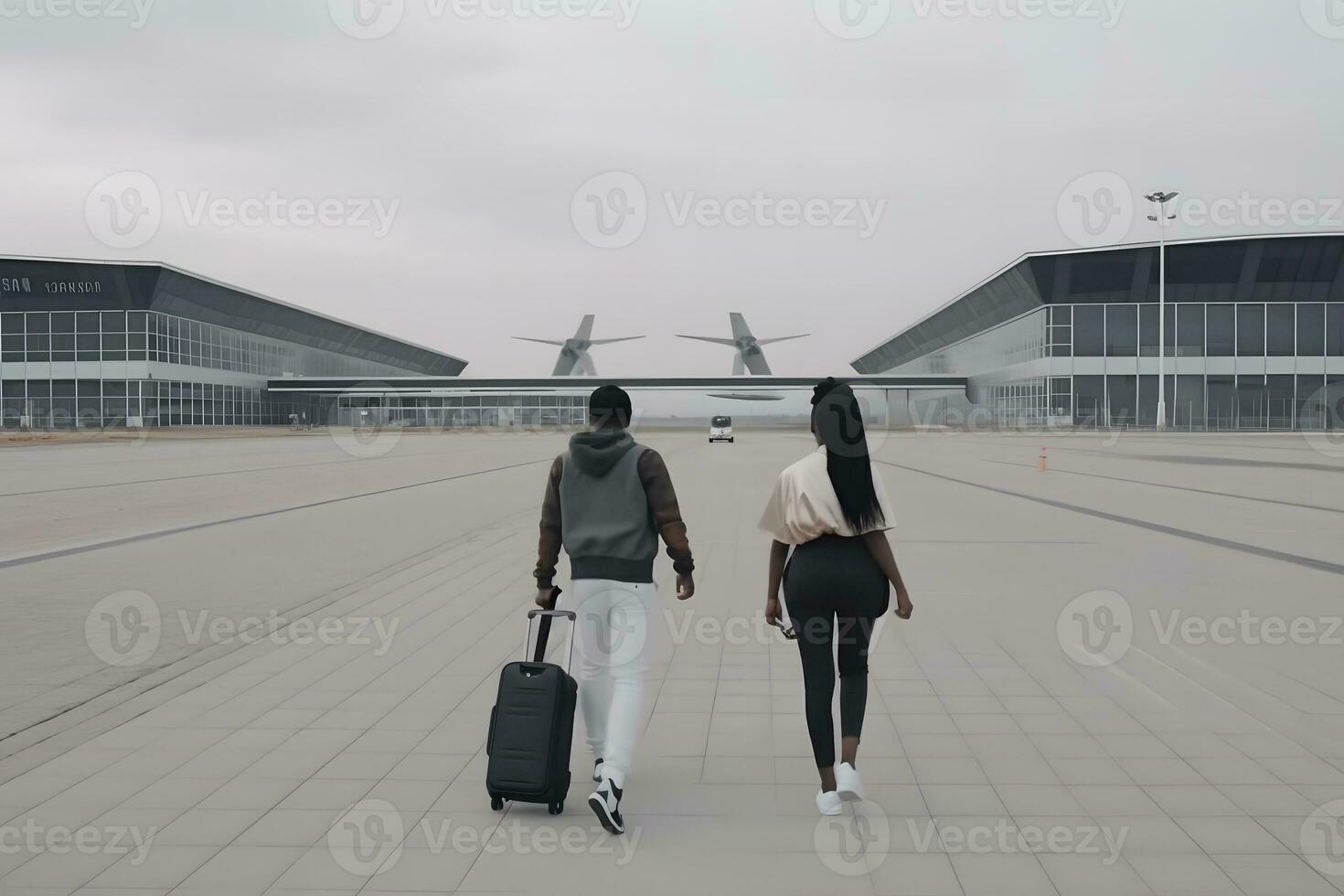 Happy family with suitcases in the airport. Neural network AI generated photo