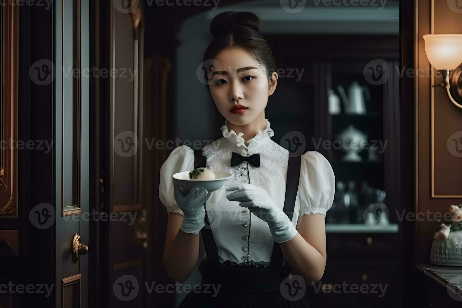 portrait of girl with japanese maid costume in vintage restaurant. Neural network AI generated photo