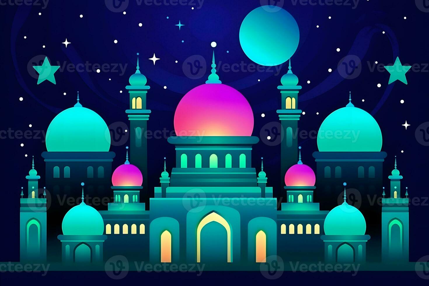 Ramadan Kareem background.Crescent moon at a top of a mosque. Neural network AI generated photo