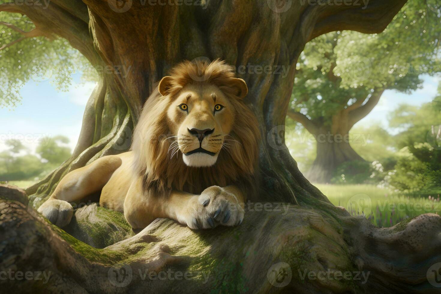 Lion in nature in the reserve. Neural network AI generated photo