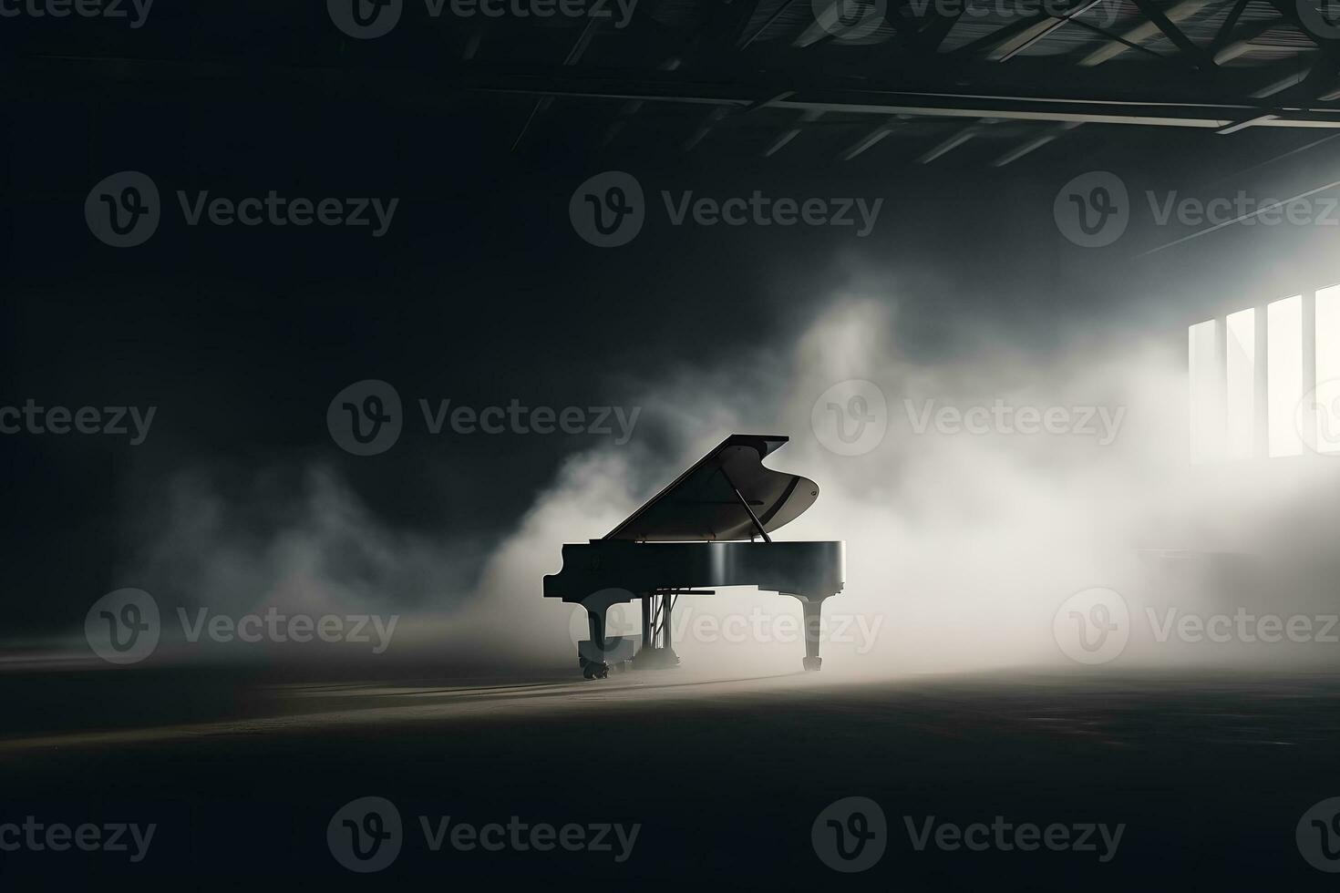 piano and smoke on stage. Neural network AI generated photo