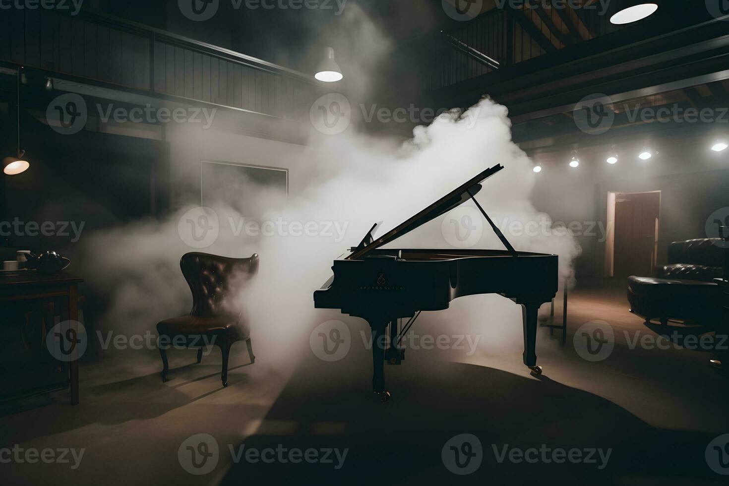 piano and smoke on stage. Neural network AI generated photo