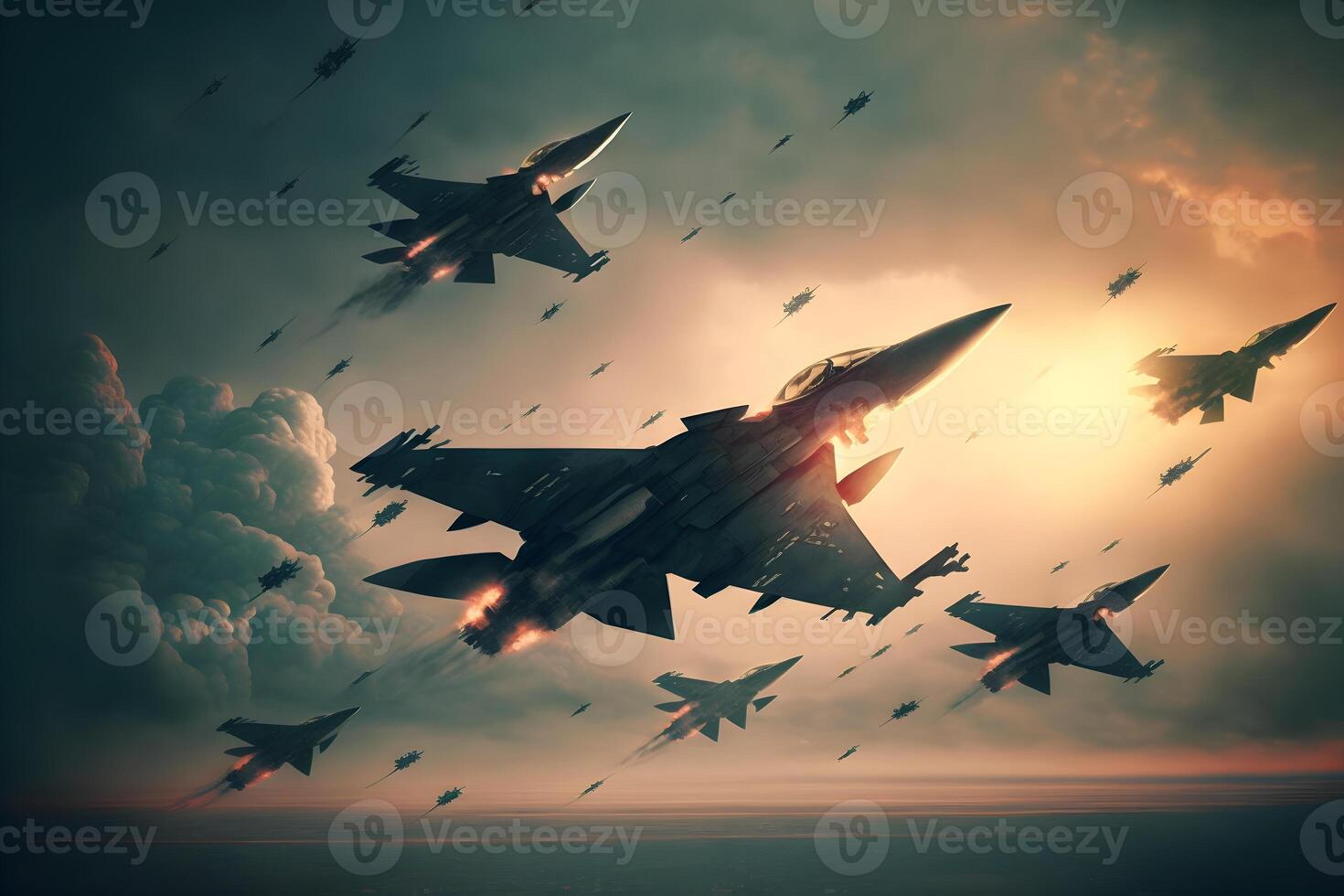 Formation of destroyer jets float in sky during aviation battle. Neural network generated art photo