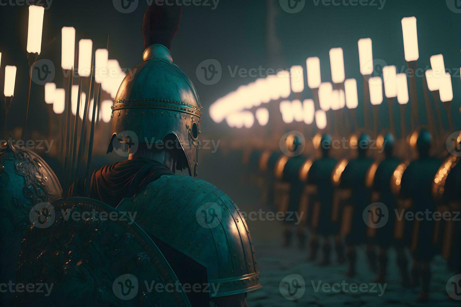 A Roman legion was a large military unit of the Roman army preparing for battle at night. Neural network generated art photo