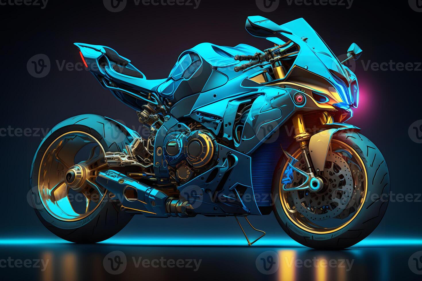 Futuristic custom angled light motorcycle concept with glowing blue tones. Neural network generated art photo