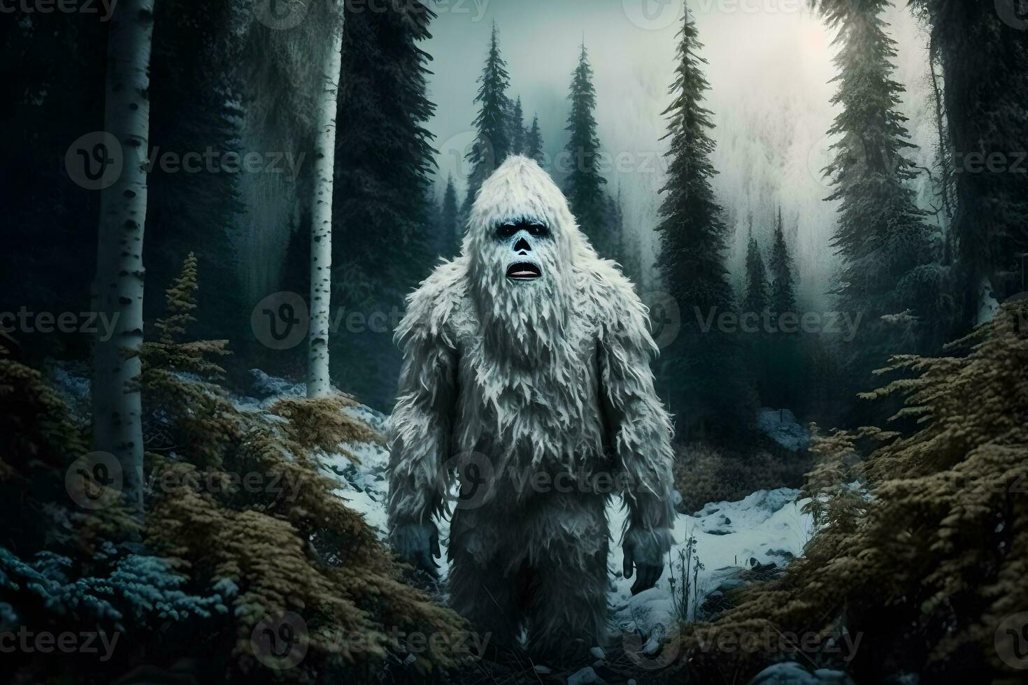 Yeti or abominable snowman walks through winter forest area. Neural network generated art photo