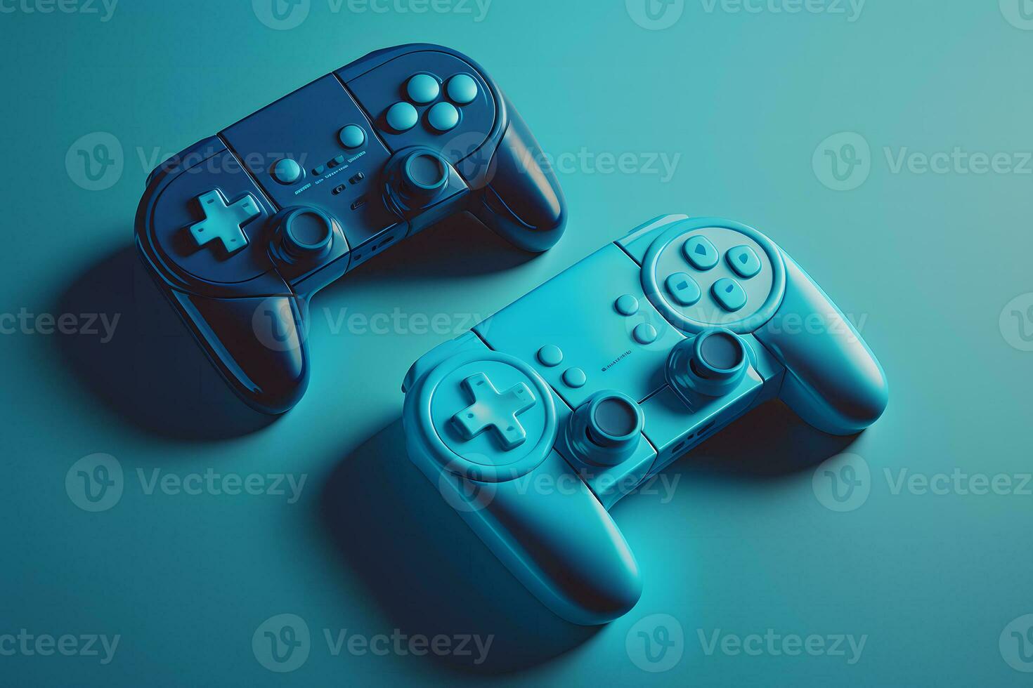 Two console gaming controllers with many buttons and glossy shiny body surface. Neural network generated art photo