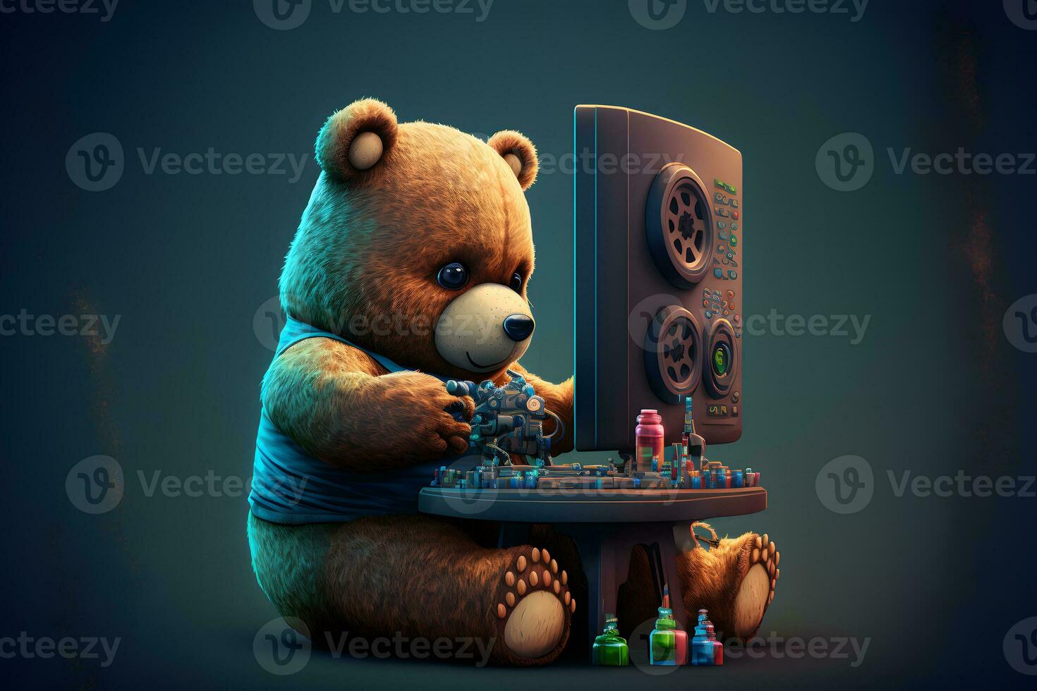 Bear as video game live stream gamer use PC computer for entertainment. Neural network generated art photo