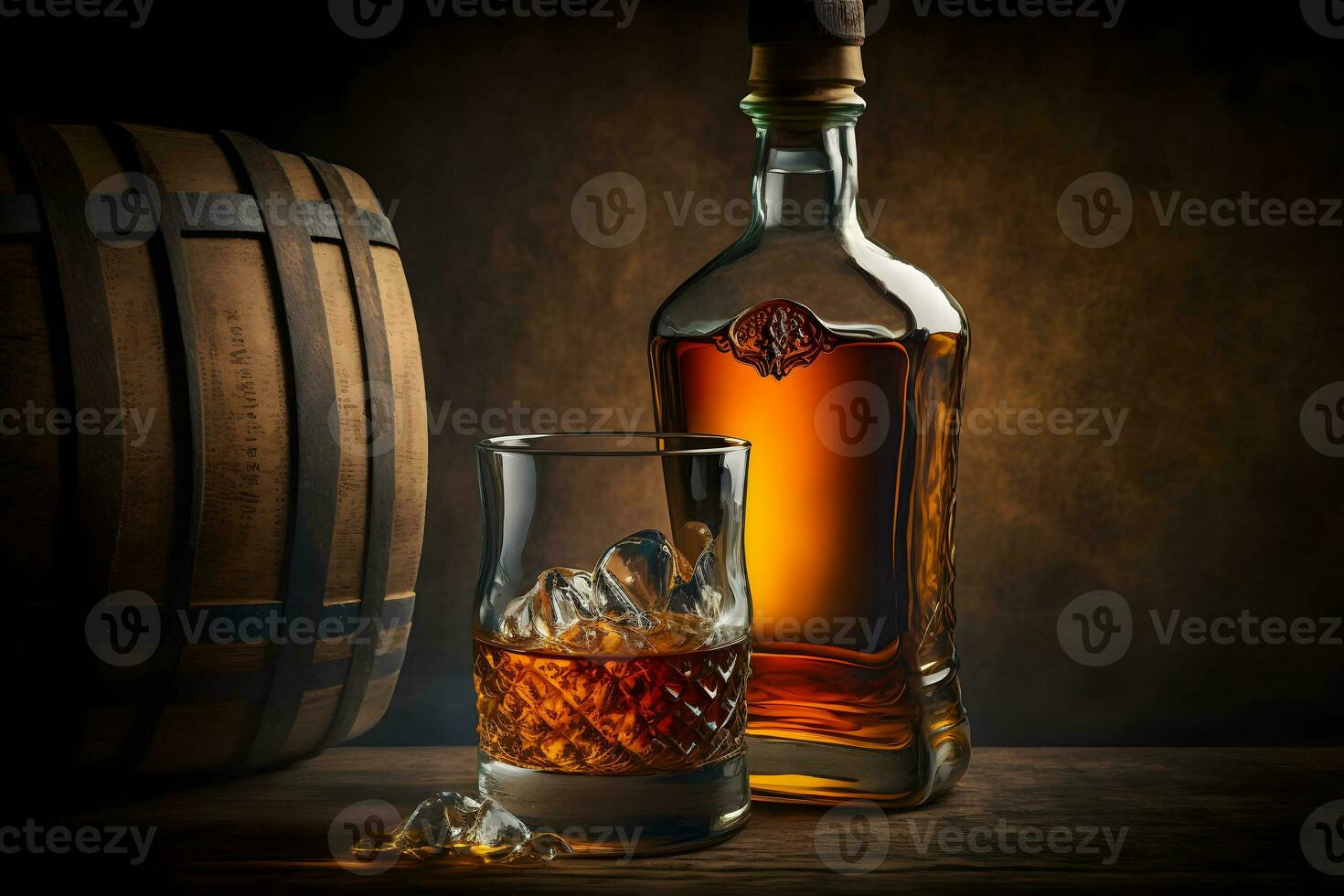 antiguo whisky vaso cerca a Clásico botella en de madera mesa. neural red generado Arte foto