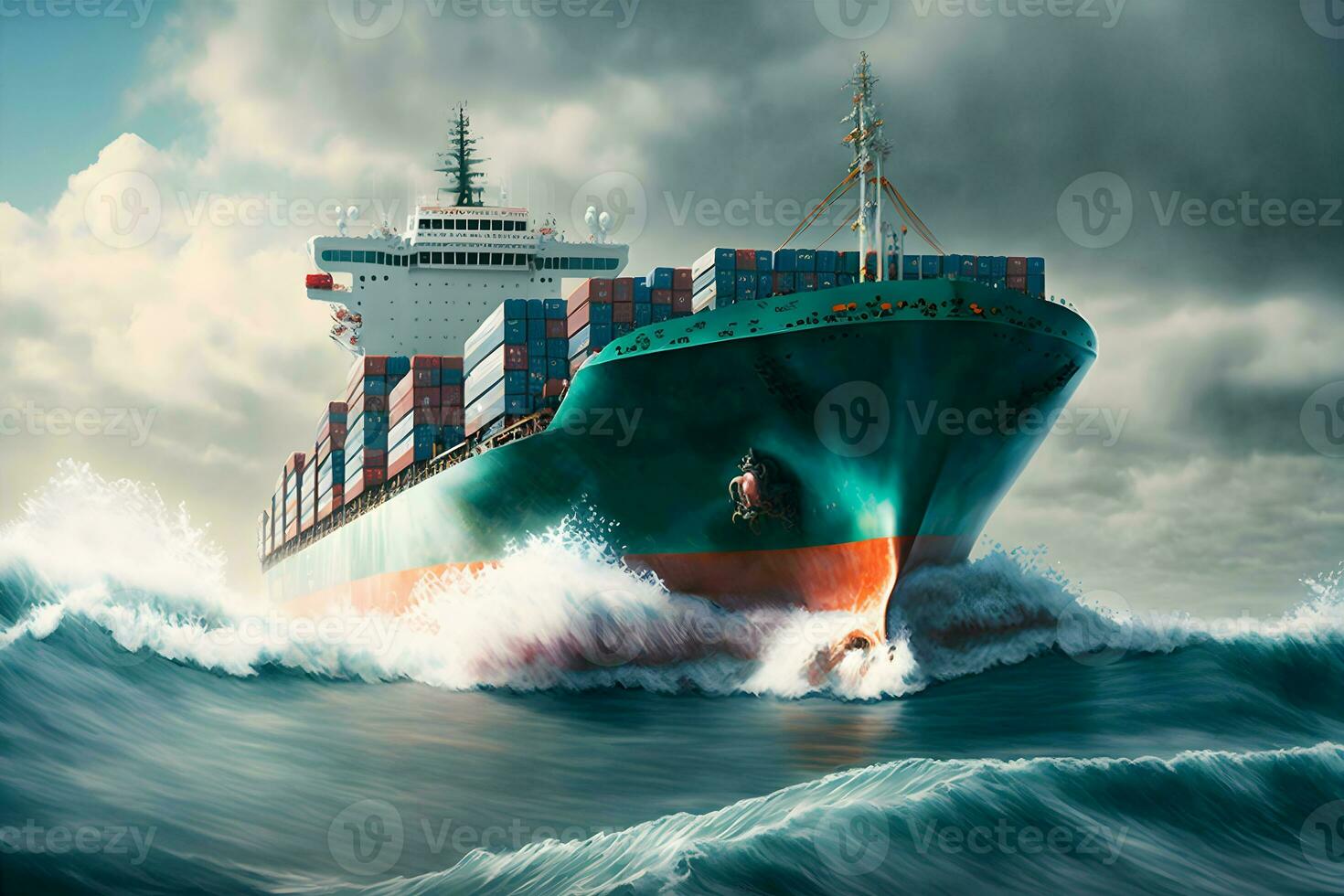 Front view from bow of a large blue shipping container ship in the ocean. Neural network generated art photo