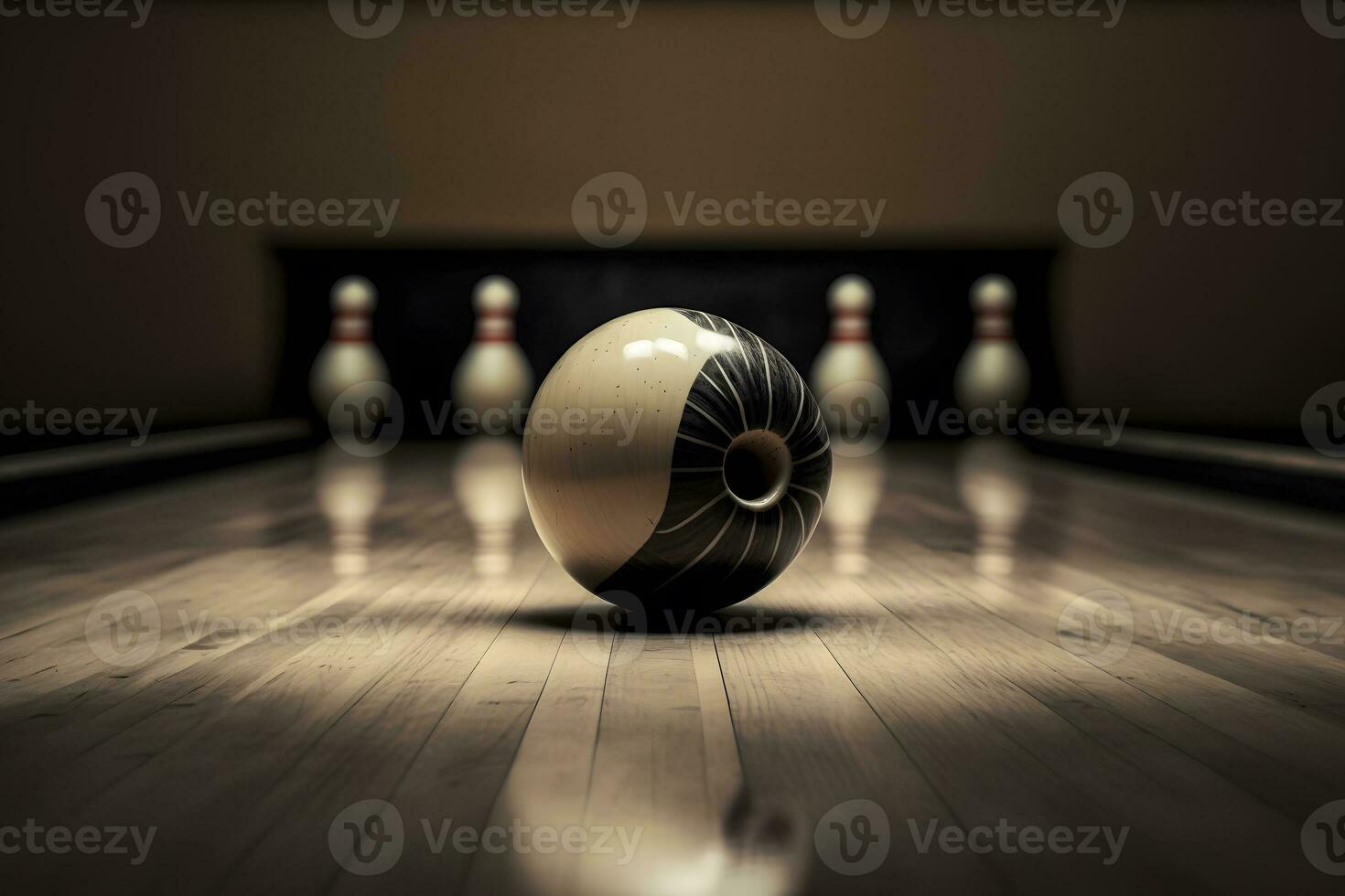 Bowling ball lies on lane start position for bowling game in club. Neural network generated art photo