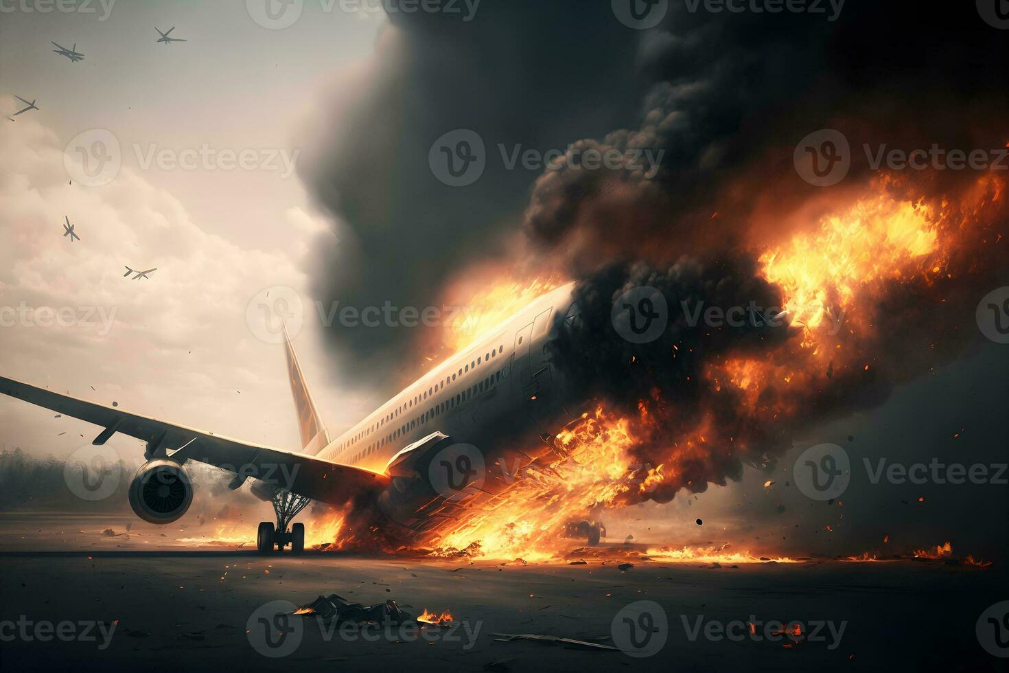 Burning airplane on fire accident in international airport. Neural network generated art photo