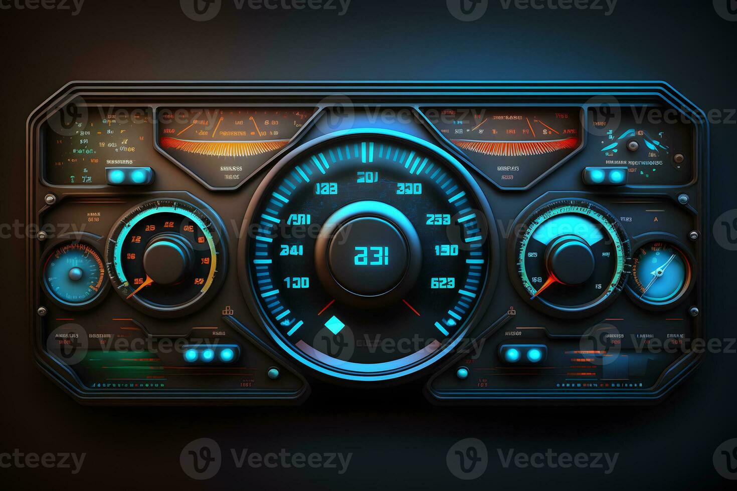 Modern luxury sport car speed control dashboard with blue light. Neural network generated art photo