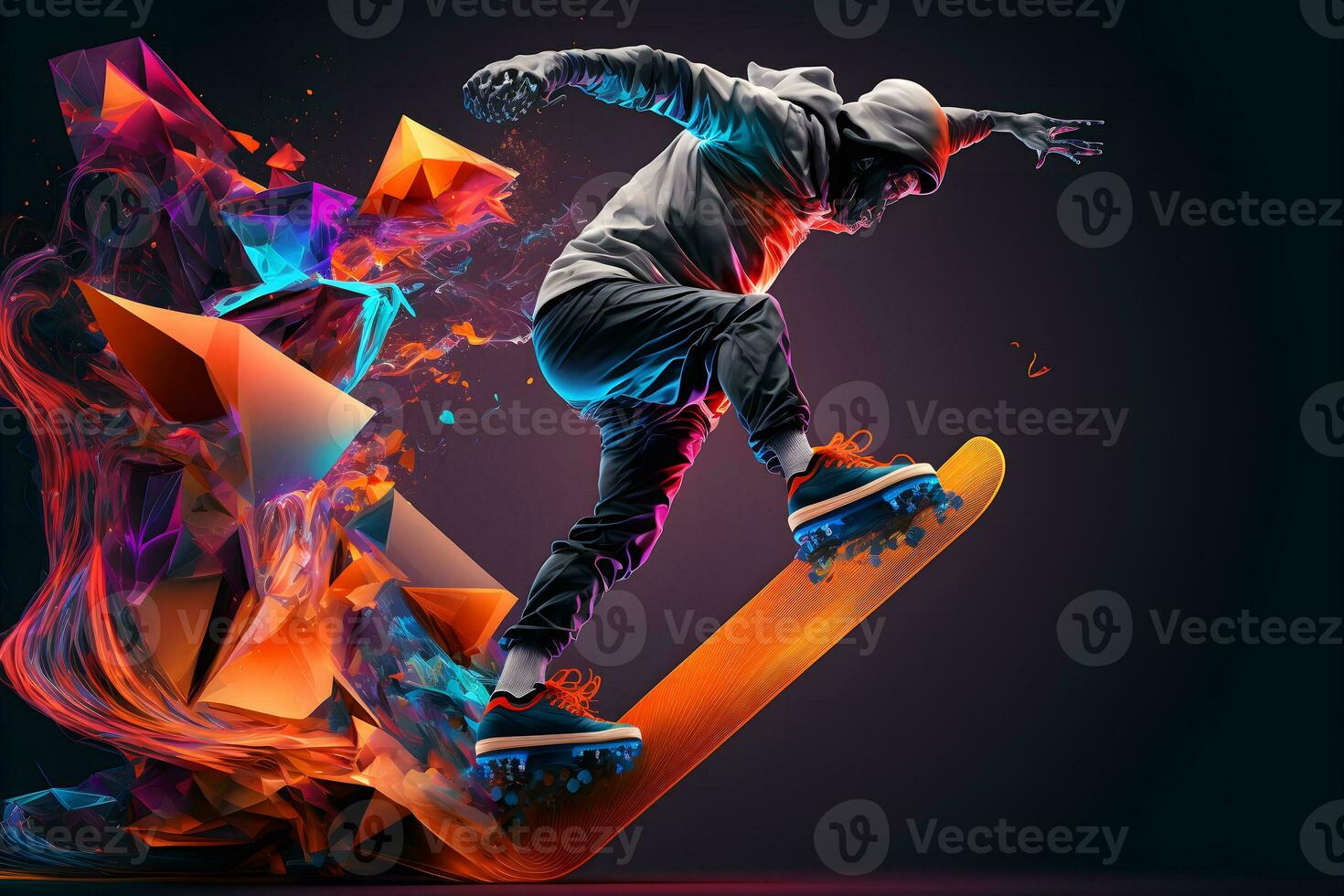 Abstract extreme sports lover performs leap into infinity with fictional skateboard or snowboard. Neural network generated art photo