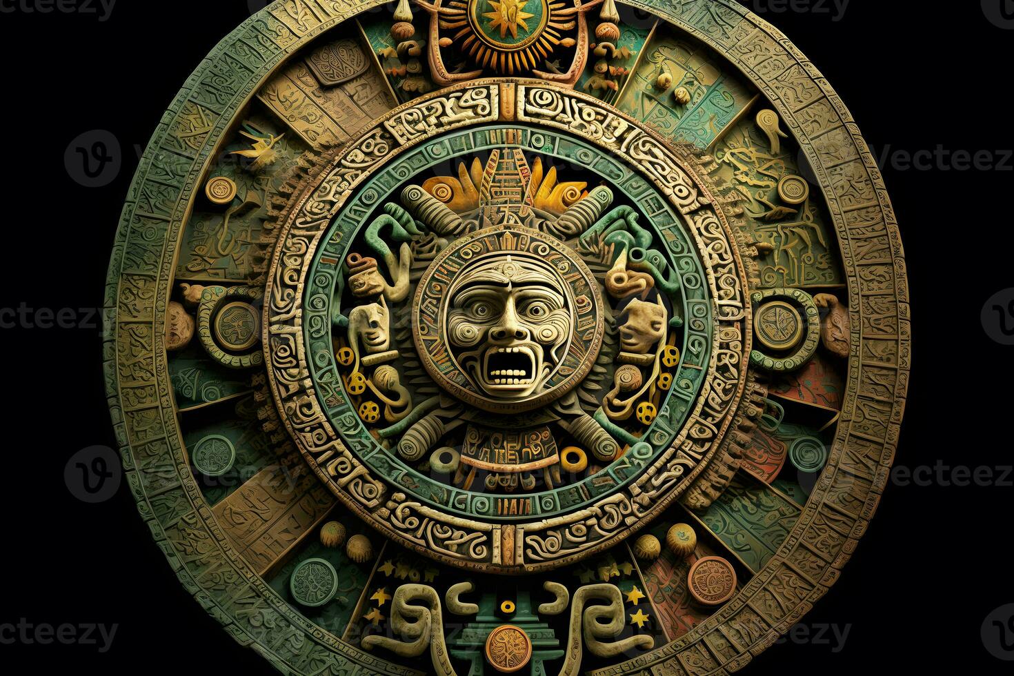 Close view of the ancient Aztec mayan calendar with round pattern and relief on stone surface. Neural network generated art photo