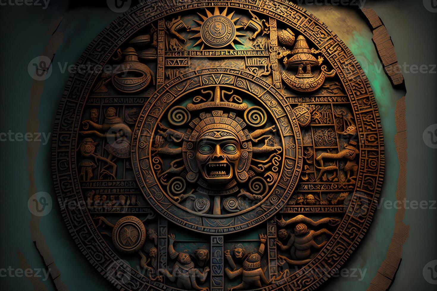 Close view of the ancient Aztec mayan calendar with round pattern and relief on stone surface. Neural network generated art photo