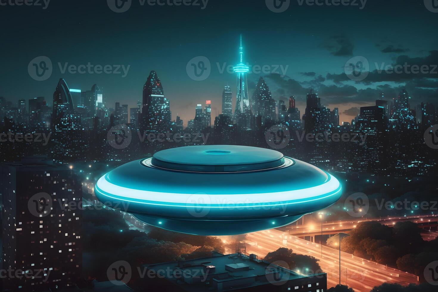 UFO object with glowing lights flying to city center on a rainy day. Neural network generated art photo