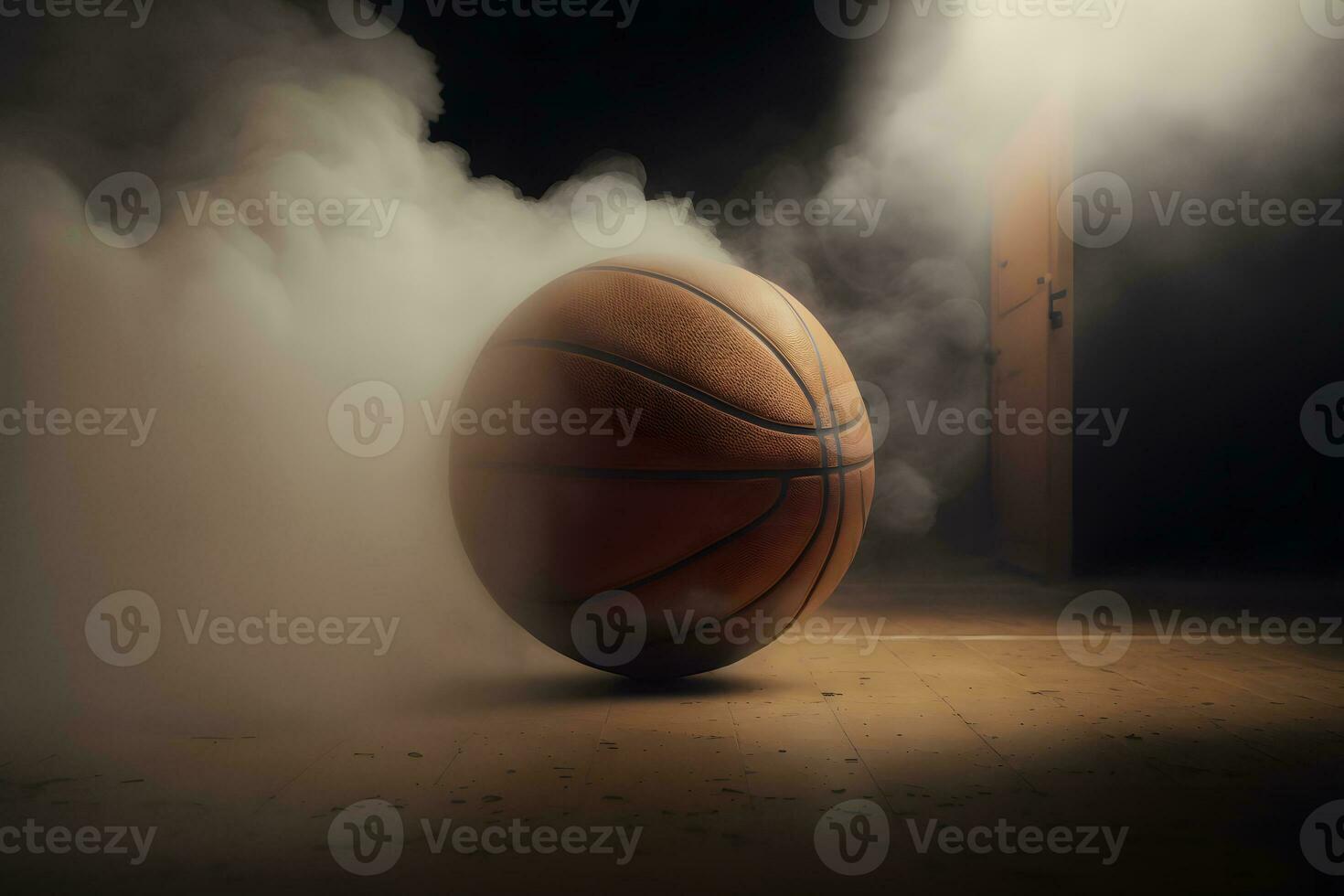 Basketball on Court Floor close up with blurred arena in background. Neural network generated art photo