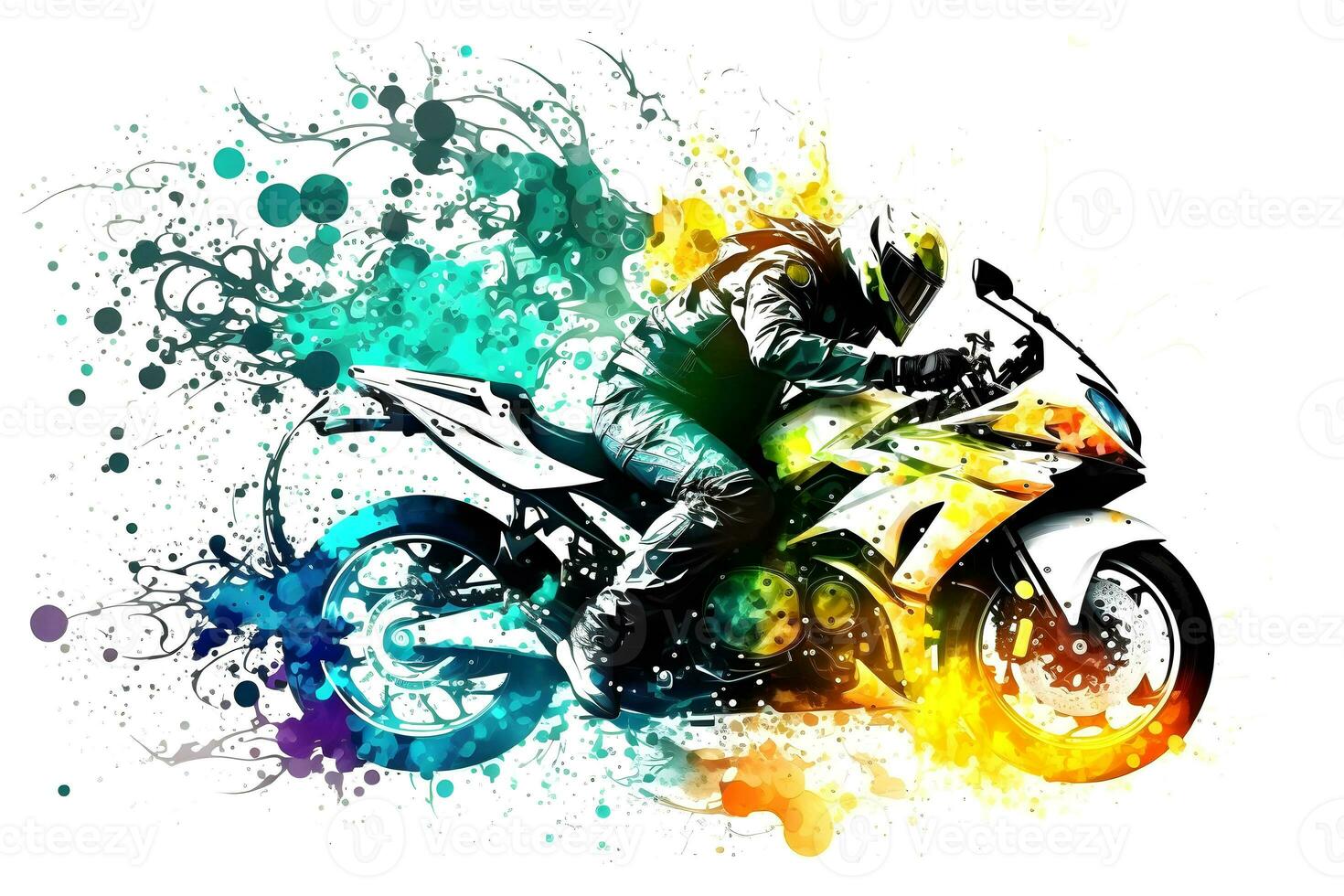 Sticker of Biker on sport motorcycle in watercolor style on white background. Neural network generated art photo