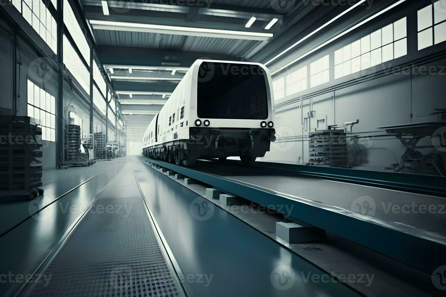 Automation aumobile factory concept. Robot assembly line in car manufacturing. Neural network generated art photo
