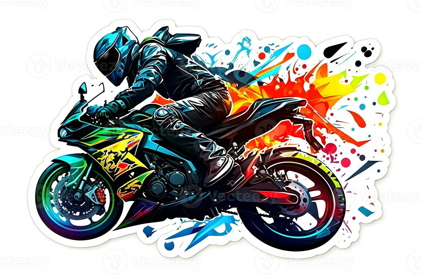 Sticker of Biker on sport motorcycle in watercolor style on white background. Neural network generated art photo