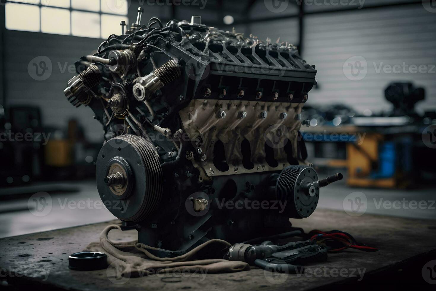 Modern car engine block on table in service room. Neural network generated art photo